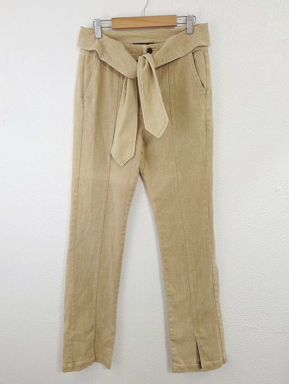 Pam & Gela Tan Tie-Waist Split Hem Pants tan denim high-waist women's size 27
